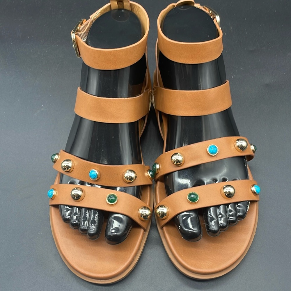 Kensie Sandals Womens Iben Strappy Brown Faux Leather Studded Flats Casual